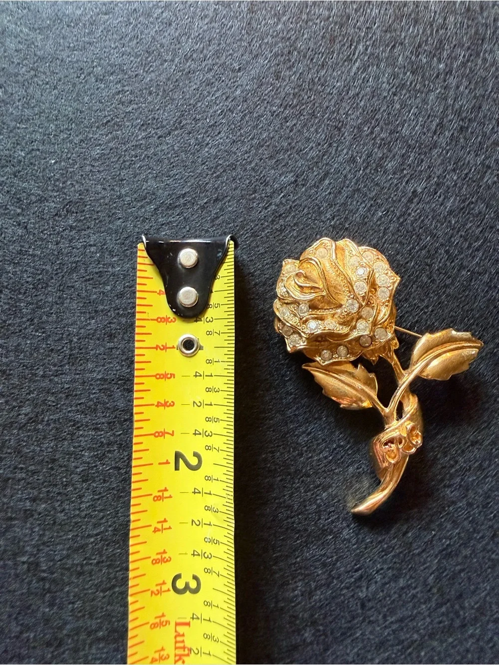 Vintage RC Signed Gold Tone Rhinestone Rose Brooch Floral Statement Pin